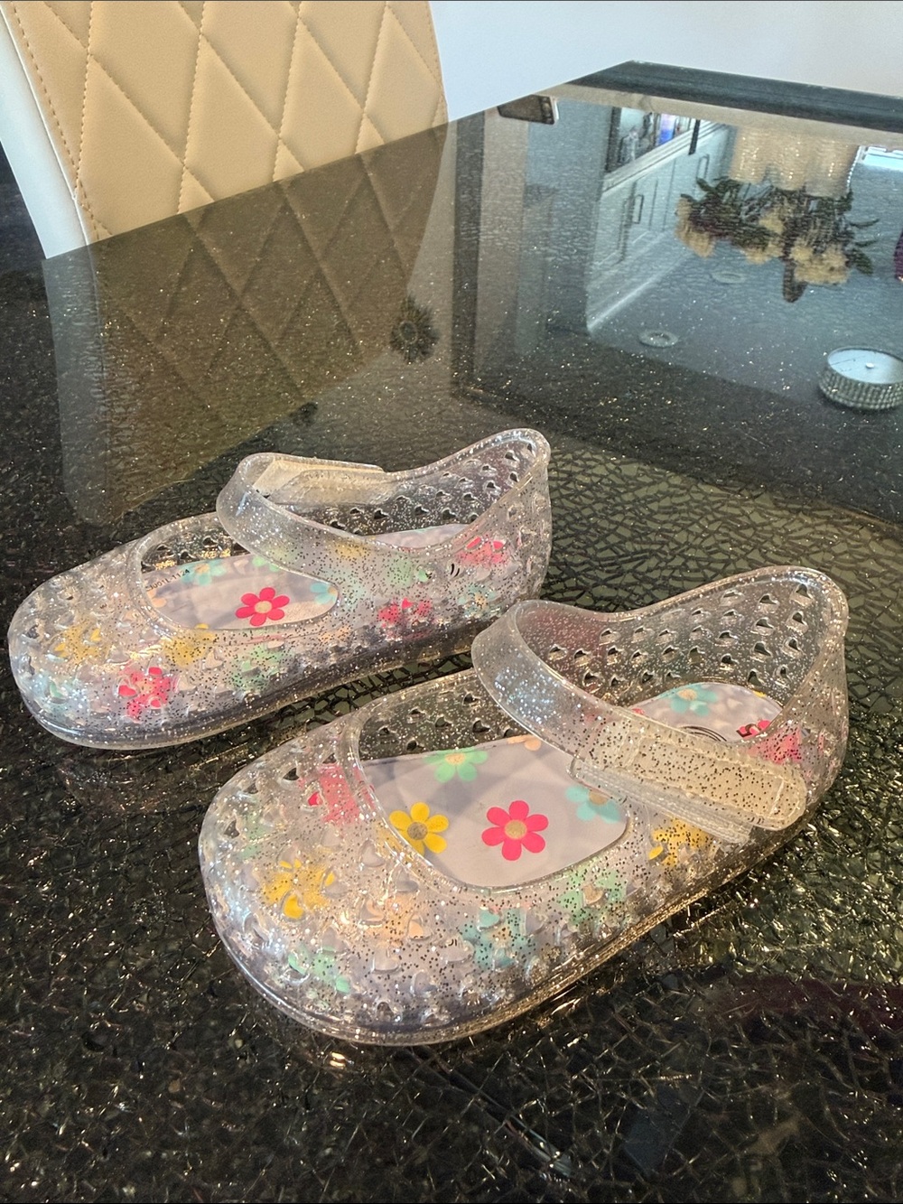 wonder nation Clear Glitter Jelly Mary Jane Sandals with Floral Insole